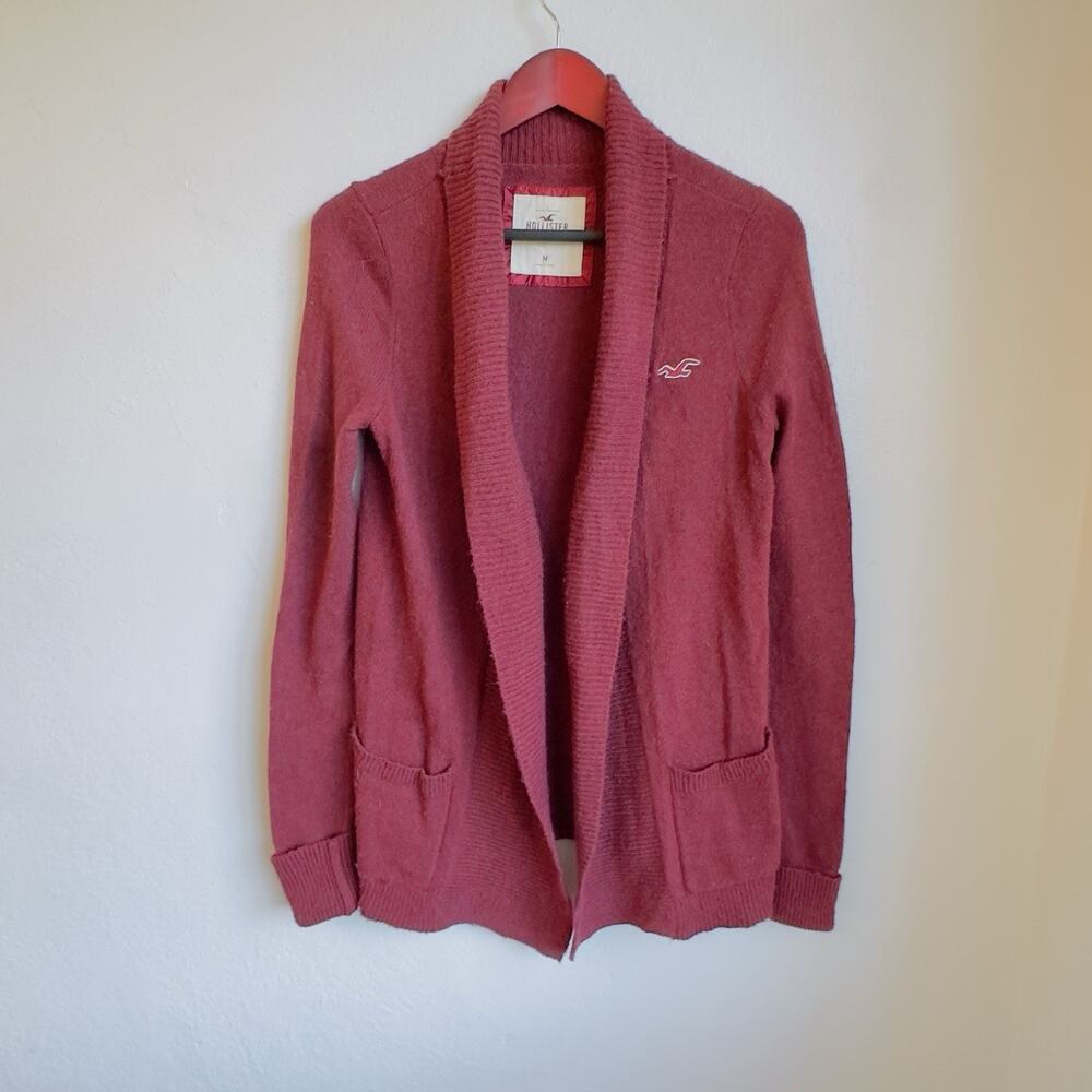Hollister Shawl Collar Open Front Cardigan Med Burgundy Cotton Blend Rabbit Hair